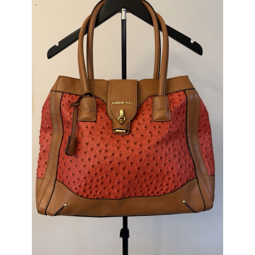 London Fog Coral & Brown Ostrich Handbag
